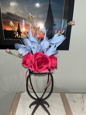 Derby fascinator with bright Pink Roses & Light Blue Feathers